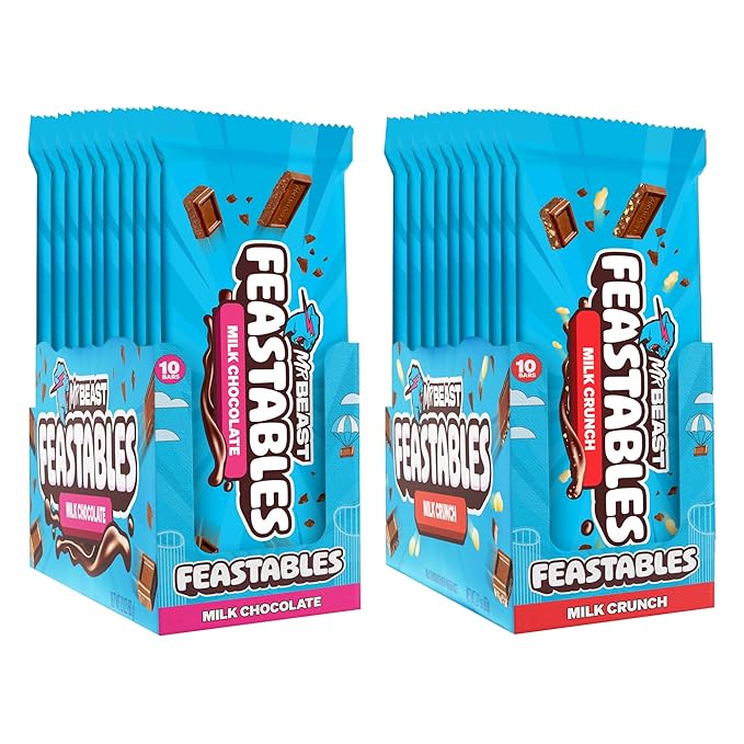 MrBeast Feastables Milk Chocolate Combo Pack 20 Count King Size Milk Chocolate &amp Milk Crunch Bars Crispy Rice Candy 2.1oz Each