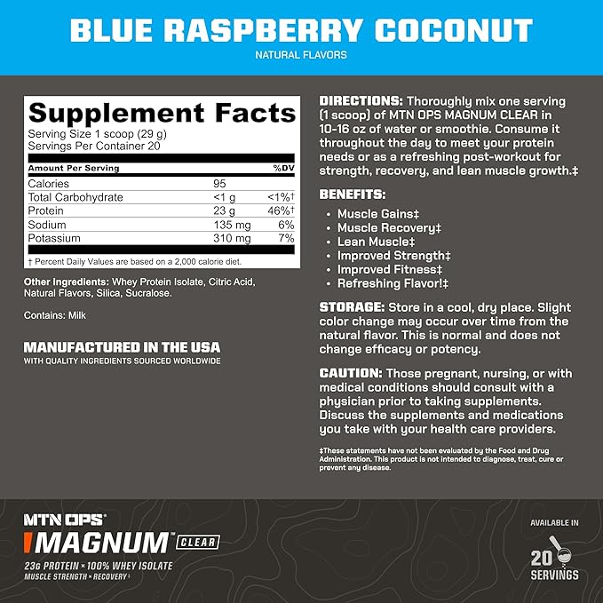 MTN OPS Magnum Clear Protein Powder – 23g 100% Whey Protein Isolate per Serving Low Carb (&lt1g) Quick-Digesting Gluten-Free Low Lactose Refreshing Blue Raspberry Coconut 20 Servings