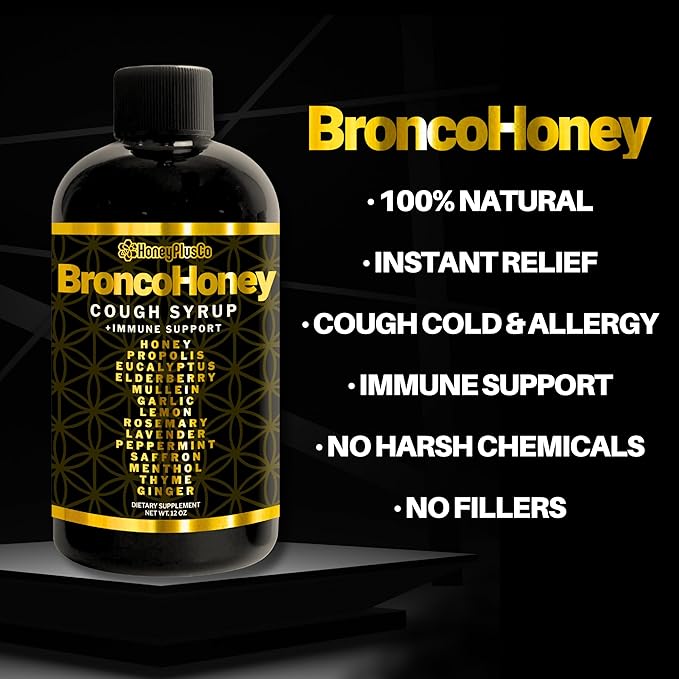HoneyPlusCo | Honey&ampHerbs - Natural Honey Cough &amp Cold Relief +Immune Support - BroncoHoney (Reinforced with Propolis Garlic Lemon Mint Eucalyptus &amp More for Cough Cold Allergy) - 12