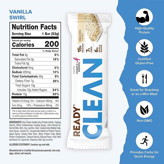 Ready® Protein Bars – High-Protein Snack with 15g Whey Protein With Flaxseeds and Omega-3s for Sustained Energy Supports Lean Muscle and Recovery – Vanilla Swirl 12 Pack