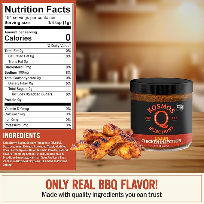 Kosmos Q Cajun Chicken Injection Award-Winning Cajun BBQ Marinade for Whole Chicken Wings Roasted and Smoked Meats Juicy Flavor with Salt &amp Spice Blend 15 Oz Jar