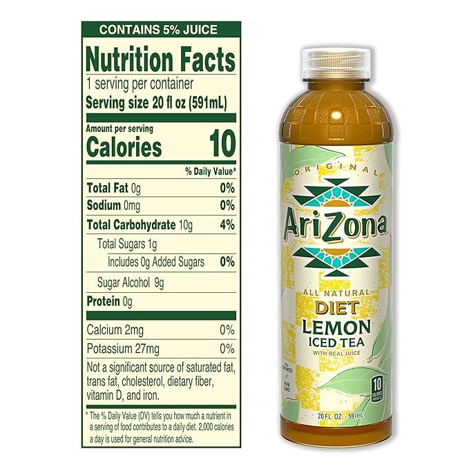 AriZona Diet Lemon Tea 20 Fl Oz Pack of 24 - All Natural Brewed Tea