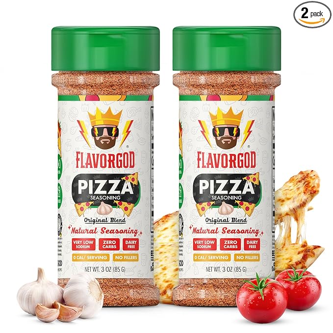 Flavor God 2 Bottles Pizza Seasoning Mix Natural Healthy Spice Blend For Grilling Chicken Beef Seafood Vegetables Salad Tacos Ravioli Pasta- Kosher Gluten &amp Dairy Free Vegan Keto Friendly