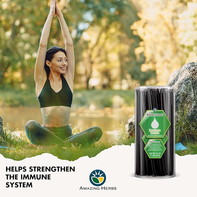 Amazing Herbs Raw Natural Honey - Herbal Honey Infused with Echinacea Elderberry Garlic Eucalyptus Extracts &amp Pure Black Seed Oil Non GMO Gluten Free - Honeyzest Immune Boost Straws 100 Coun