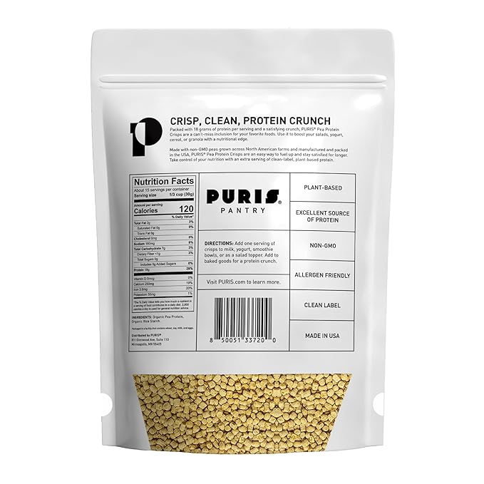 PURIS Pea Protein Crisps – Plant-Based Crunch | 18g Protein Per Serving | Non-GMO Gluten-Free Soy-Free | No Sugar | Clean Label Inclusion for Snacks Bars &amp Baking | Made in USA | Unflavored | 1 l