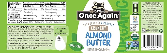 Once Again Organic Crunchy Almond Butter 16oz - Roasted - Salt Free Unsweetened - USDA Organic Gluten Free Certified Peanut Free Vegan Kosher Paleo - Glass Jar - Case of 12