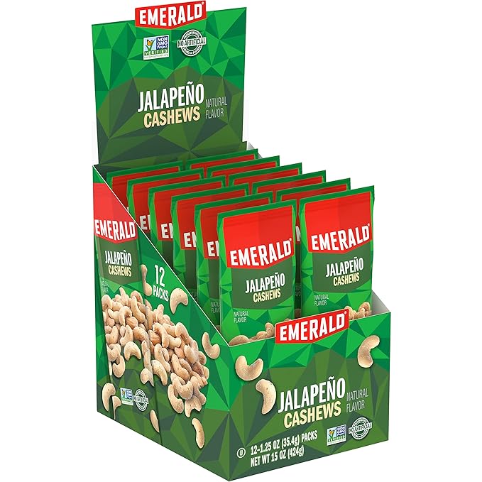 Emerald Nuts Jalapeno Seasoned Cashews 12 Ct (1-Pack) 1.25 Oz Individual Snack Tubes Plant-Based Protein Kosher Certified Non-GMO Contains No Artificial Preservatives Flavors or Synthetic Colors