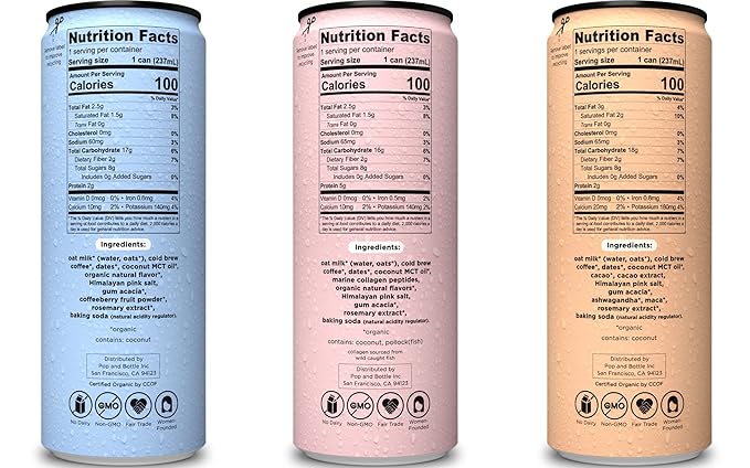 Pop &amp Bottle Oat Milk Lattes - Cold Brew Maca Antioxidants Ashwagandha MCT Oil Collagen Organic Diary Free Gluten Free Lightly Sweetened with Dates - Variety 8 Fl Oz (12 Pack)