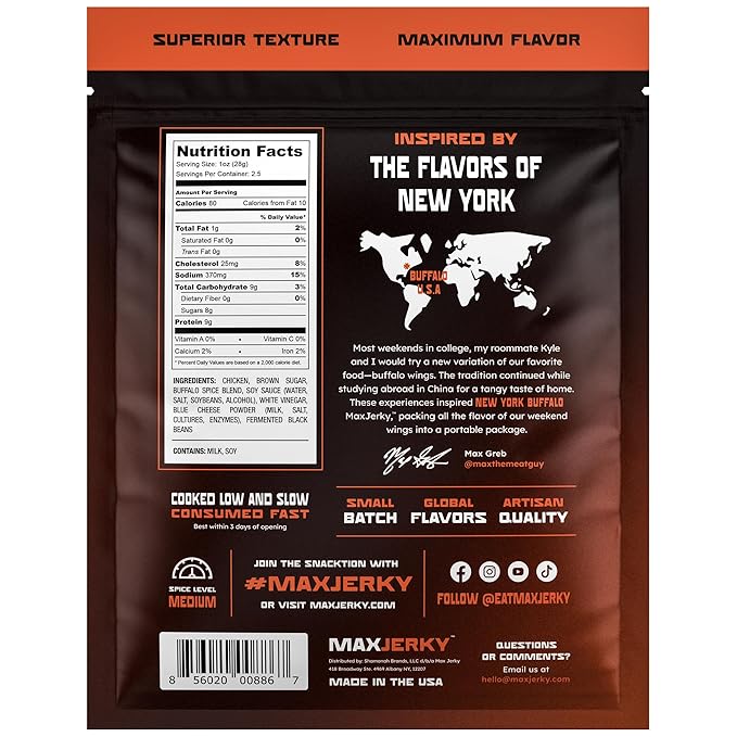 MaxJerky New York Buffalo Chicken Jerky 22.5 Grams of Protein 2.5 OZ (4 Pack)