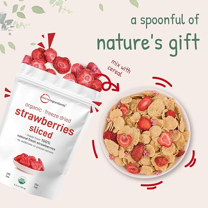 Micro Ingredients Organic Strawberries Sliced 6.4oz | 100% Natural Fruit | Freeze Dried Strawberry Source | No Sugar &amp Additives | Healthy Snack &amp Topping for Beverages or Recipes | Non-GMO