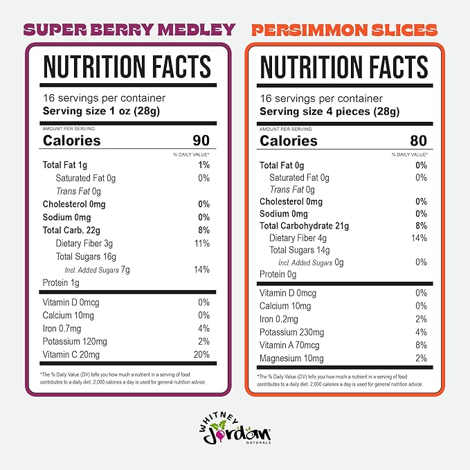 Whitney Jordan Naturals Air-Dried Fruit Variety Pack 16 Oz Pack of 2 - Super Berry Medley &amp Persimmon Slices - Gluten-Free Non-GMO Vegan Snack - Real Fruit for Clean Snacking