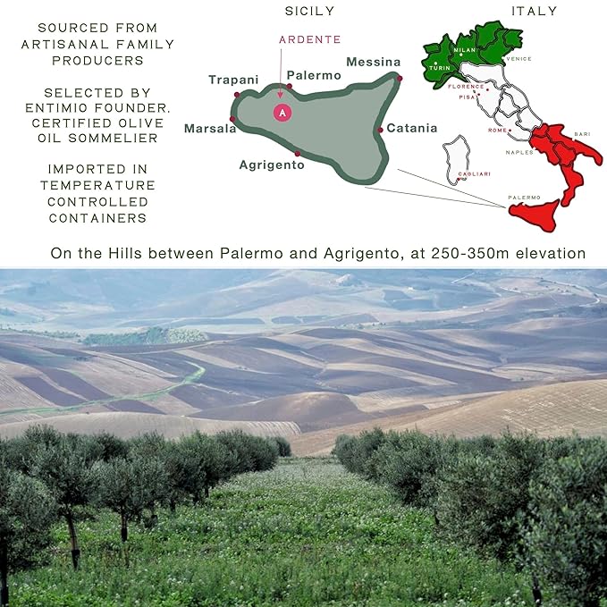 Entimio Ardente Organic Italian Extra Virgin Olive Oil from Italy 600+ mg/kg High in Polyphenols 2025 Gold Winner Sicily Early Harvest evoo Cold Extracted Lab Tested - 8.5 fl oz
