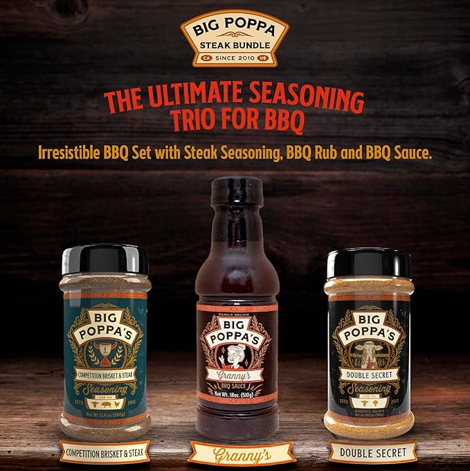 Big Poppa’s Steakhouse Grill Bundle – Savory BBQ Rubs &amp Championship BBQ Sauce Kit for Beef Chicken and Pork – Balanced Juicy Flavor for Steak Nights Everyday Cooking &amp Grilling – 3-Pack Se