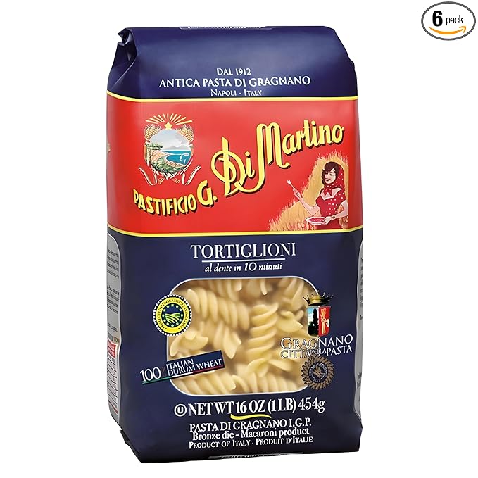 Pastificio Di Martino - Pasta Tortiglioni 16oz (6 Packs) Non-GMO Organic Pasta Made in Italy with 100% Italian Durum Semolina Wheat - High in Protein Perfect with Tomatoes and Basil Bronze Die