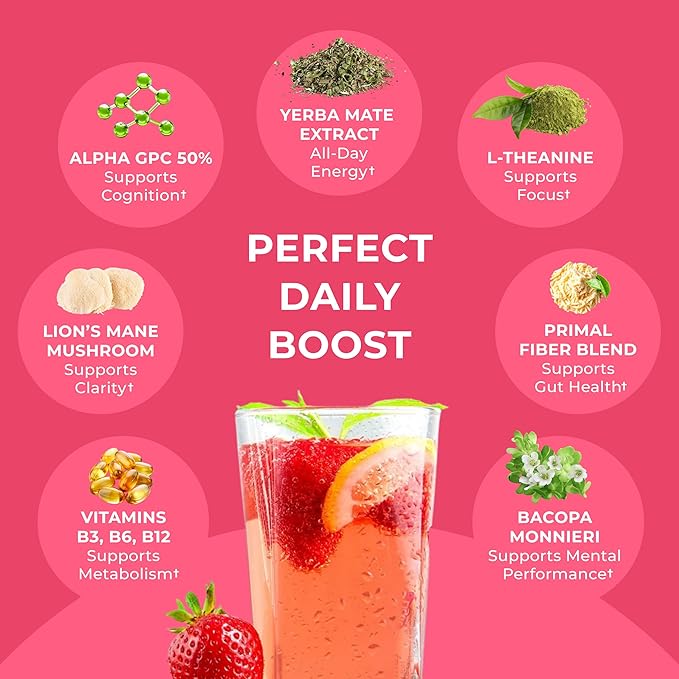 Yerba Mate Instant Tea Powder – Zero Sugar Drink with Nootropics Prebiotics &amp Probiotics for Clean Energy &amp Focus – Coffee Alternative for Mental Clarity &amp Gut Health Support - Strawberry