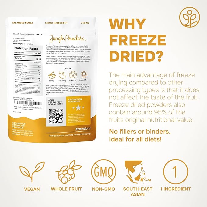 Jungle Powders Freeze Dried Mango Powder 5 Ounce Bag Dehydrated Mango Extract For Baking No Sugar Added Dry Mango Powder Additive Free Mangoes Whole Fruit Dried Mango Juice for Smoothies &amp Flavori