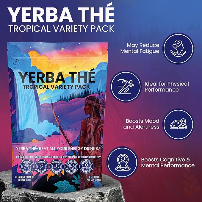 Yerba Mate Powder - Gut Health Support Drink - Probiotics &amp Prebiotics - Reduce Brain Fog Relaxation &amp Focus - Natural Yerba Mate Clean Energy - Mixed Fruit Flavors - Sugar-Free - 30 Sachets