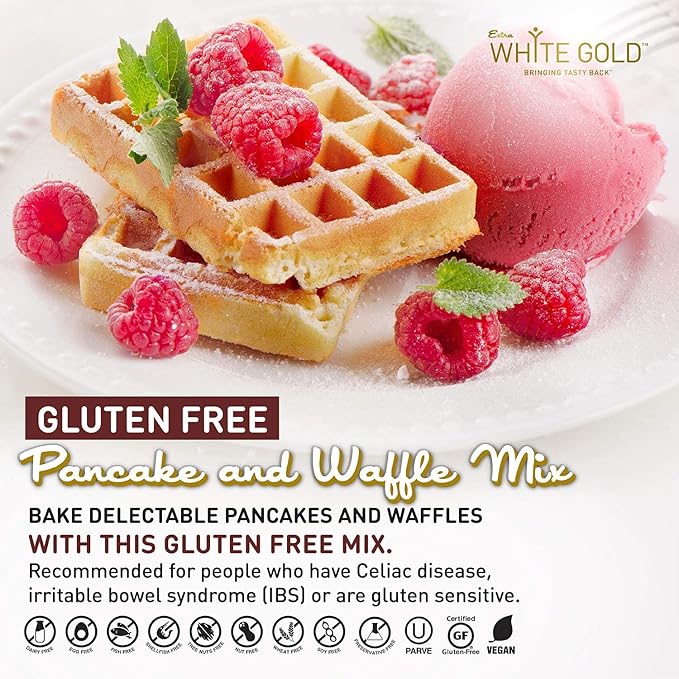 Extra White Gold Pancake &amp Waffle Mix – For Baking Cakes Cupcakes Desserts – [Gluten Free] [Nut Free] [Free of the Top 14 Major Allergens] – 14.1 Ounces (2 Pack)