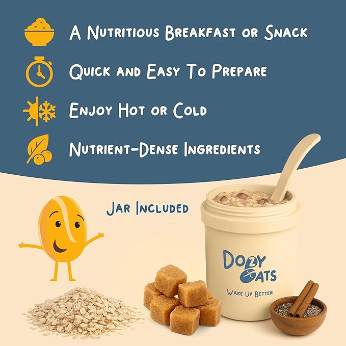 Dozy Oats Overnight Oatmeal 15-Serving Big Batch Bag. Gluten-Free Natural Source of Protein and Fiber Cinnamon and Brown Sugar 750g Pack and Jar