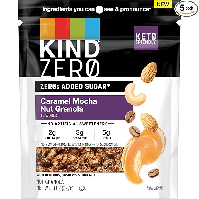 KIND Zero Added Sugar Granola Caramel Mocha Nut Healthy Snacks Good Source of Fiber Gluten Free Low Sugar 5g Protein 5 Count