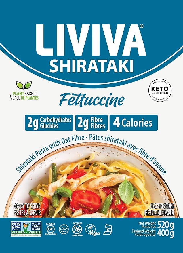 LIVIVA Shirataki Konjac Fettuccine Noodle 6 Pk (110 oz) – Diabetic-Friendly Low Carb Low Calorie Pasta Noodles Ready to Serve – No Odor Certified Non-GMO Gluten Free Vegan Plant-Based Keto Kosh
