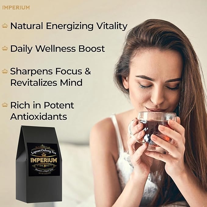 Imperium Lapsang Oolong Tea Loose Leaf (4oz) Hand-Picked Premium Oolong Brews 100 Cups Naturally Bold Beverage Robust Smoky Flavor Deep Aroma Comforting Smooth Finish Energizing Experience