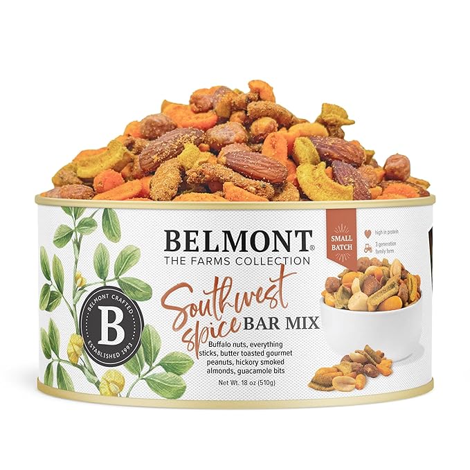 Belmont Peanuts Southwest Spice Bar Mix 18 oz (1 Pack) – Virginia Peanuts Buffalo Nuts Everything Sticks Smoked Almonds and Guacamole Bits – Simple Ingredients No Preservatives Hand Seasoned