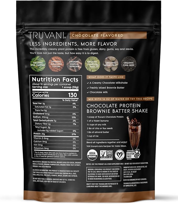 Truvani Vegan Pea Protein Powder | Chocolate | 20g Organic Plant Based Protein | 10 Servings | Keto | Gluten &amp Dairy Free | Low Carb | No Added Sugar