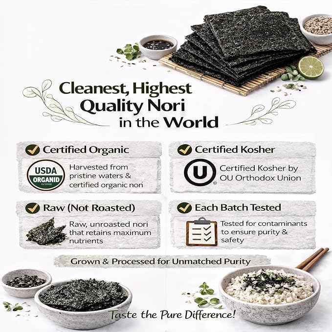 Raw Organic Nori Sheets 50 qty Pack! - Certified Vegan Raw Kosher Sushi Wrap Papers - Premium Unheated Un Cooked untoasted dried - RAWFOOD