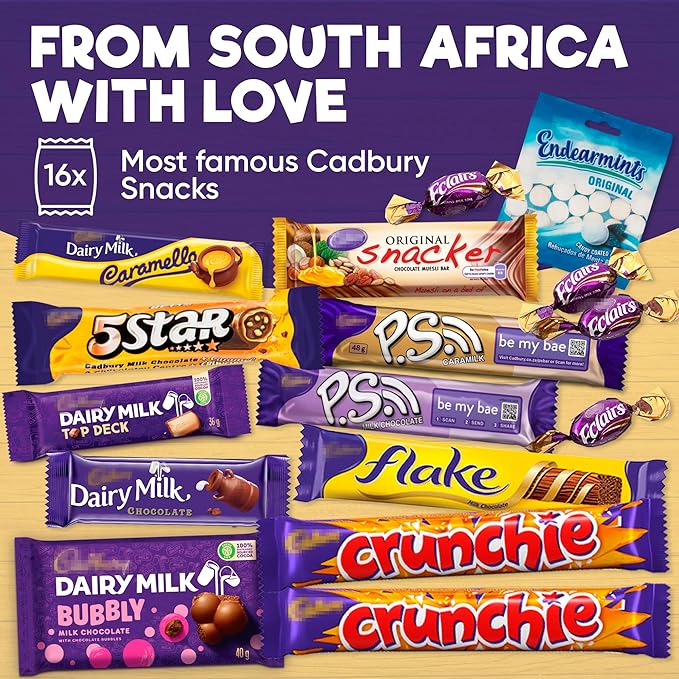 Chocolate Gift Box – 16-Piece Assorted Chocolate Bars Snack Pack Imported from South Africa Includes Flake Crunchies Caramello Dairy Milk Variety