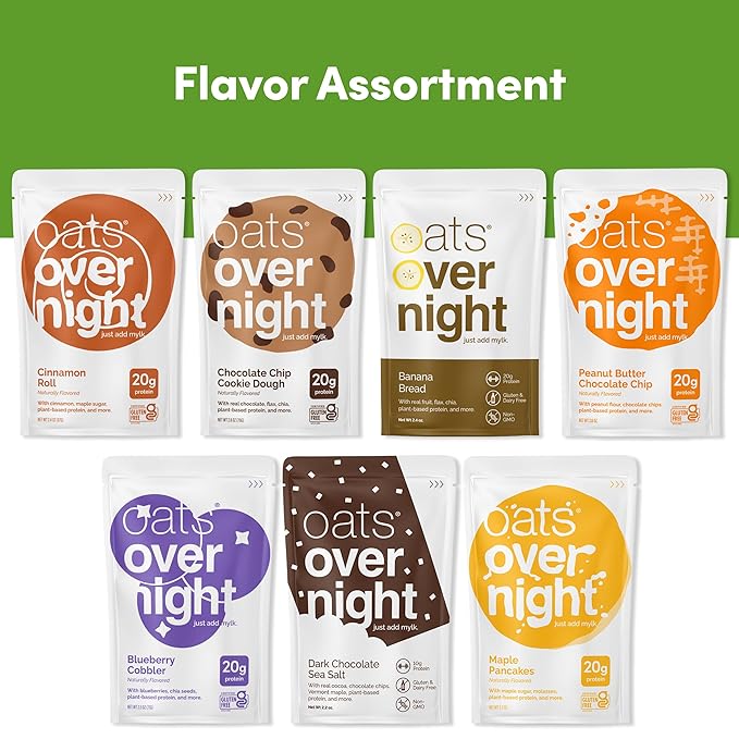 Oats Overnight Vegan Variety Pack - High Protein High Fiber Breakfast Protein Shake - Gluten Free Oatmeal Non GMO Protein Oatmeal - Banana Bread Blueberry Cobbler &amp More (8 Pack + Shaker Bottle
