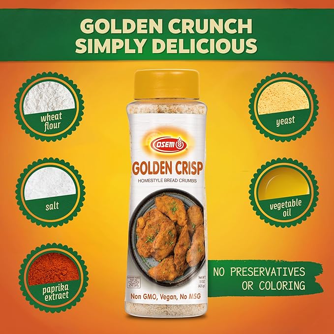 Osem Golden Crisp Bread Crumbs - Plain Bread Crumbs Wheat Breadcrumbs for Chicken Baking Salad Veggies Sauce and More Vegan Friendly Kosher - 15 oz (Pack of 3)