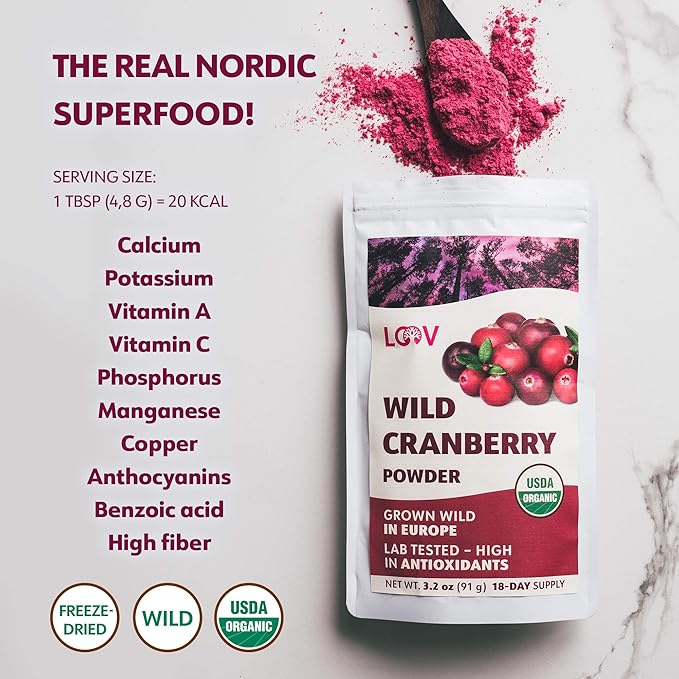 Organic Freeze-Dried Cranberry Powder – Pure 100% Natural Wild Whole Fruit Certified Organic from Nordic Forests – Non-GMO No Added Sugar – 3.2oz (18 Servings)
