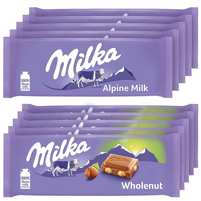 Milka European Chocolate Bars Variety Pack Alpine Milk Chocolate &amp Wholenut Hazelnut Chocolate 10 - 3.52 oz Bars