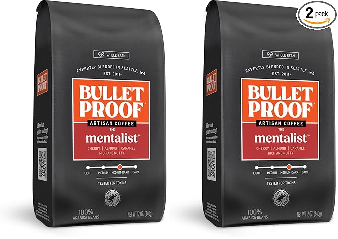 Bulletproof The Mentalist Medium-Dark Roast Whole Bean Coffee 12 Ounces Clean Coffee Tested for Toxins Packaging May Vary (Pack of 2)