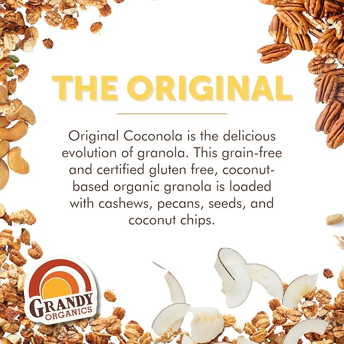 Grandy Organics Original Coconola Granola Certified Organic Gluten Free Granola Grain Free Vegan and Paleo Original Flavor Coconola 9oz Each Pack of 3