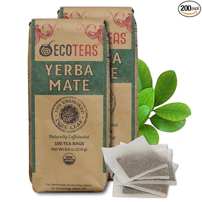 ECOTEAS Premium Organic Yerba Mate Tea Bags – Natural Energy &amp Detox Herbal Tea – Coffee Alternative - Kosher Non-GMO Gluten-Free - 100 Unsmoked Bulk Bags 8.8 oz (Pack of 2)