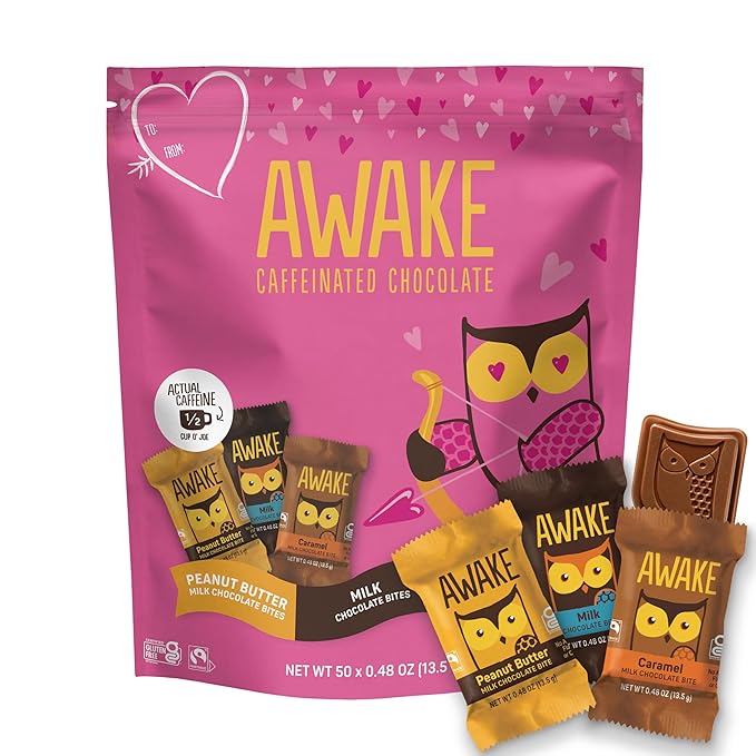 AWAKE - Caffeinated Chocolate Bites - 50mg Caffeine per bite - Bite Me Baby! Variety Pack (3 Flavors) 50 Count 0.48oz each - Peanut Butter Milk &amp Caramel - Coffee Alternative