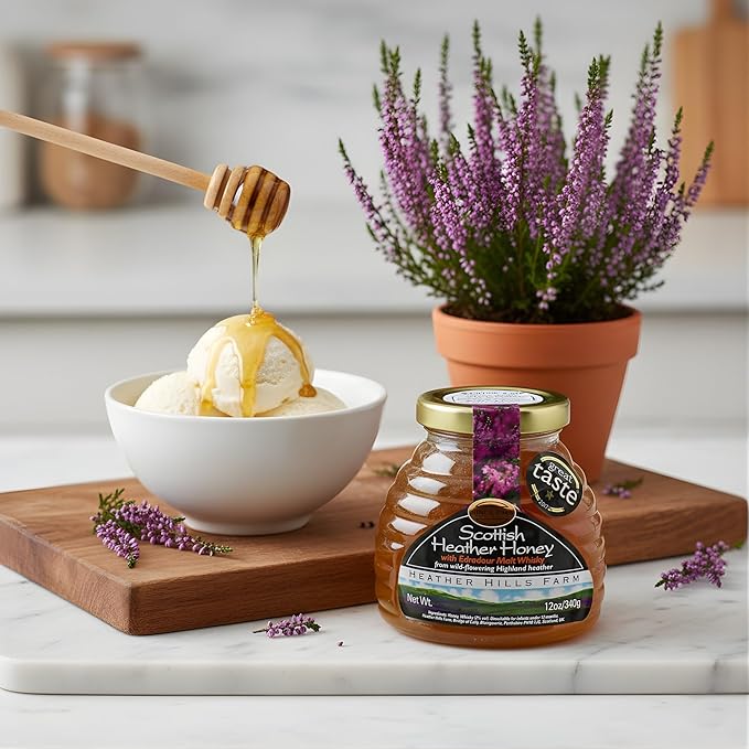 Heather Hills Farm Scottish Heather Honey with Whiskey 340g (12oz) - Highland Heather Honey Infused with Scotch Whiskey Authentic Scottish Food Gift Imported Gourmet Spread Made in Scotland