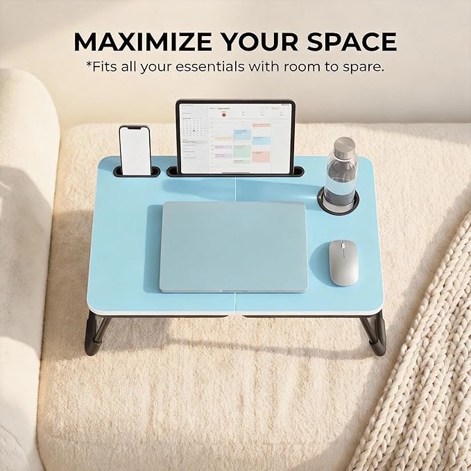 BUYIFY Foldable Laptop Bed Desk for Couch Sofa - Large Lap Desk Tray Table with Cup Holder and Tablet Slot - Portable Notebook Stand for Eating Writing Studying and WFH (Blue)