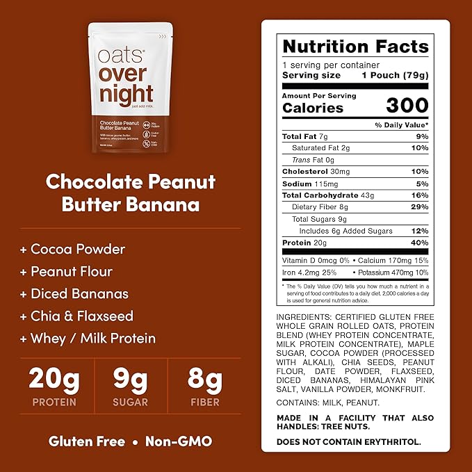 Oats Overnight Peanut Butter Cookie Dough Cacao Crunch 8 Pack &amp Chocolate Peanut Butter Banana 8 Pack - Vegan 20g Protein High Fiber Breakfast Shake - Gluten Free Non GMO Oatmeal