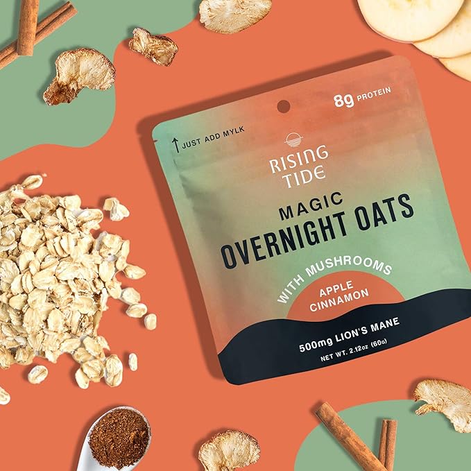 Mushroom Overnight Oats (6 Pack) Superfood Lions Mane Mushroom Chia &amp Flax Seed - Organic Protein Oatmeal - High Fiber Vegan Gluten Free Low Sugar - Easy Prep Plant Protein - Apple Cinnamon