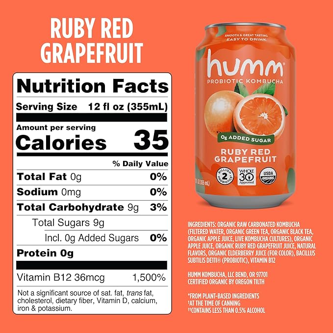 Humm Whole30 Approved Kombucha Ruby Red Grapefruit Organic Vegan &amp GMO Free (24 Pack)