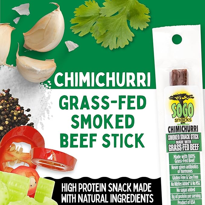 Chimichurri Sogo Snacks No Sugar 100% Grass-fed &amp Grass-finished Non-GMO Beef Sticks. No Added Nitrates Gluten Soy MSG Dairy Nuts. Keto Whole Paleo Friendly (Chimichurri 1-oz 48 Count