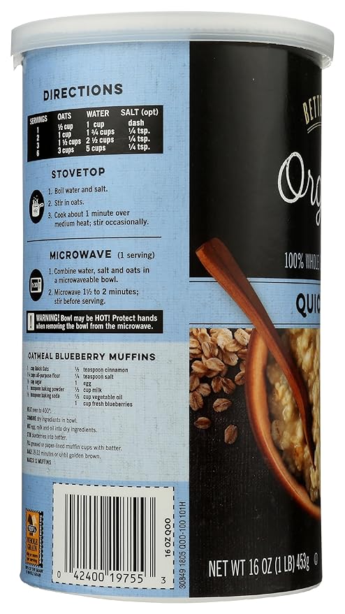 Better Oats Organic Raw Pure &amp Simple Quick Oats Non GMO 16 Ounces (Pack Of 12)