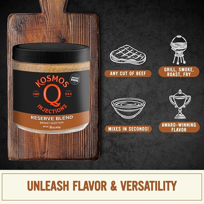 Kosmos Q Reserve Blend Brisket Injection Premium Beef BBQ Marinade for Tender &amp Juicy Brisket Phosphate-Enhanced for Moisture Retention Competition-Grade Seasoning Gluten Free 16 Oz Jar