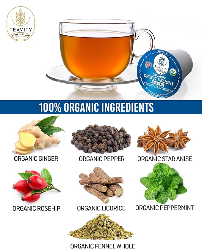 Organic Tea Pods with Ginger Peppermint Fennel Licorice &amp Rosehip Digest Delight by Teavity (36 Tea Pods)
