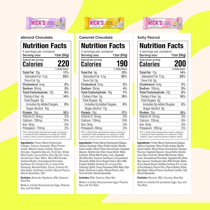 NICKS Protein Bars Variety Pack Protein-Packed Snack Low Calories Low Carb Keto Friendly Snacks No Added Sugar Salty Peanut Chocolate Caramel and Almond Chocolate (12 Pack)