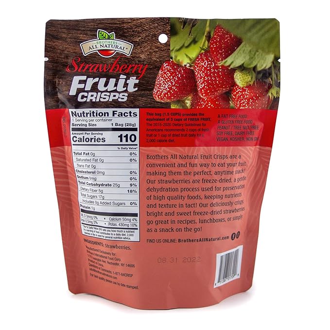 Brothers All Natural Freeze Dried Fruit Crisps Strawberry 1 Oz (Pack of 8) Made with 100% Fruit Gluten Free Soy Free Vegan Healthy Snack Resealable Pouch