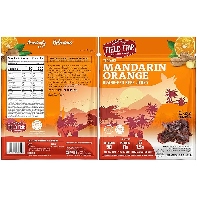 Field Trip Grass Fed Beef Jerky Healthy Gluten Free Snacks All Natural Paleo-Friendly Beef Jerky High Protein Low Carb Snack with No Nitrates 2.2oz Bag 4 Pack Mandarin Orange Teriyaki